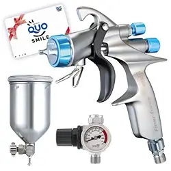 セール中! 明治機械製作所 自動車補修専用スプレーガン ファイナーフォース FINER FORCE +カップ4GF-U +レギュレターMAR 3点セット QUOカード1000円分付き の商品画像です