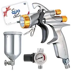 セール中! 明治機械製作所 自動車補修専用スプレーガン ファイナーフォース FINER FORCE +カップ4GF-U +レギュレターMAR 3点セット QUOカード1000円分付き の商品画像です